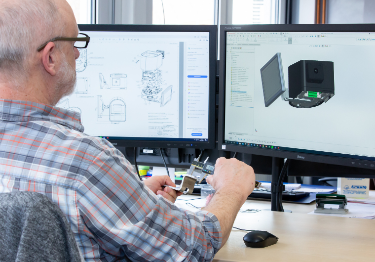 Agile Entwicklung von Softwaremodulen und Applikationen Person am PC_ Konstruktionsvorgang