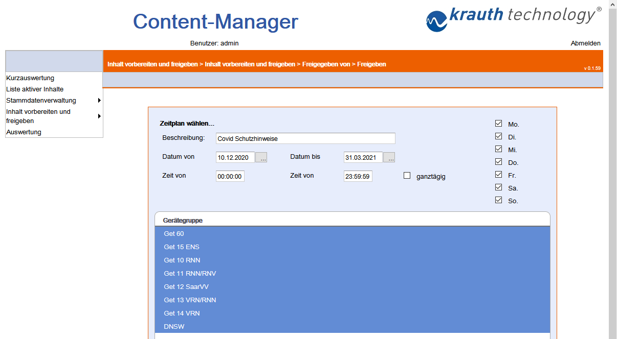 Screenshot von Bildschirmoberfläche Content-Manager